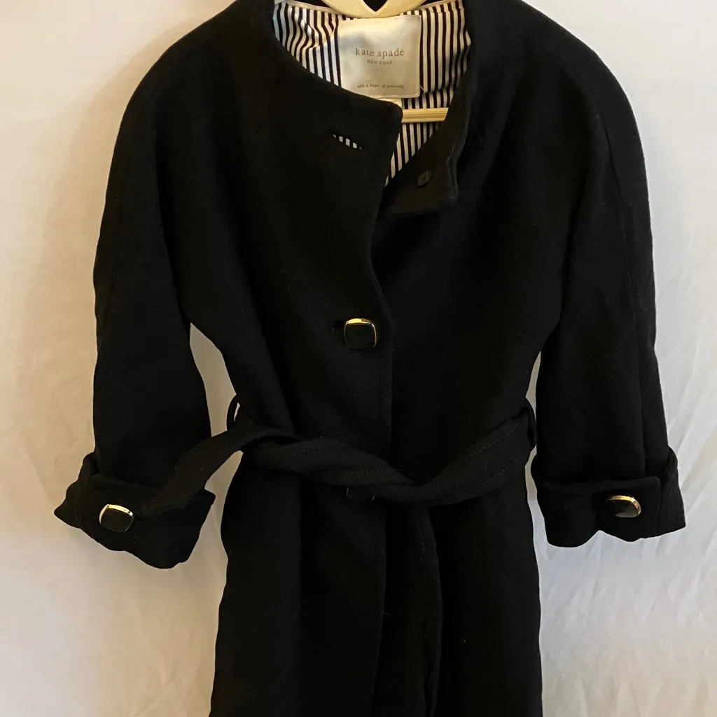 Kate Spade: Black Winter Wool (95%) Trench Coat- Gold Tone Accents - Image 4