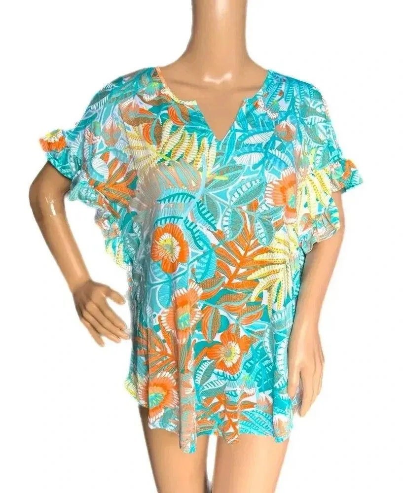 NWT RUBY RD Tropical Floral Short Sleeve Blouse Flutter Sleeve Split Neck Top Orange Size M - Image 2