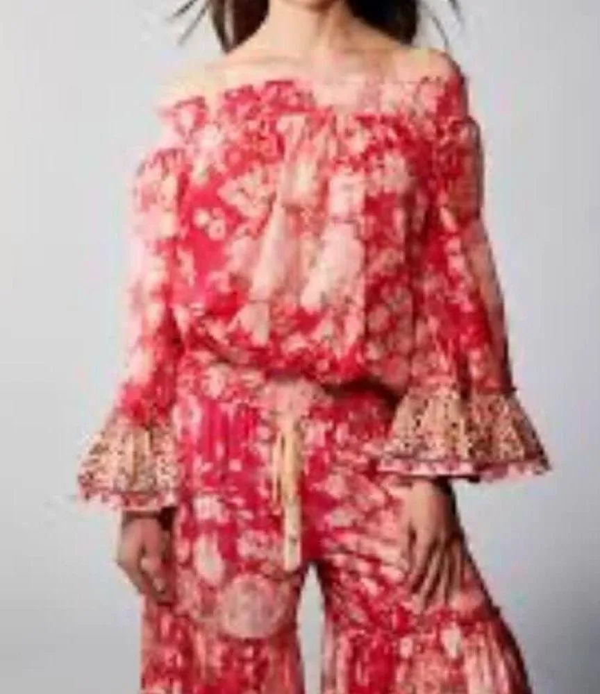 Aratta Silent Journey Wide Leg Pants Flowy Floral Boho Beachy Rose Ankle Small Red - Image 7