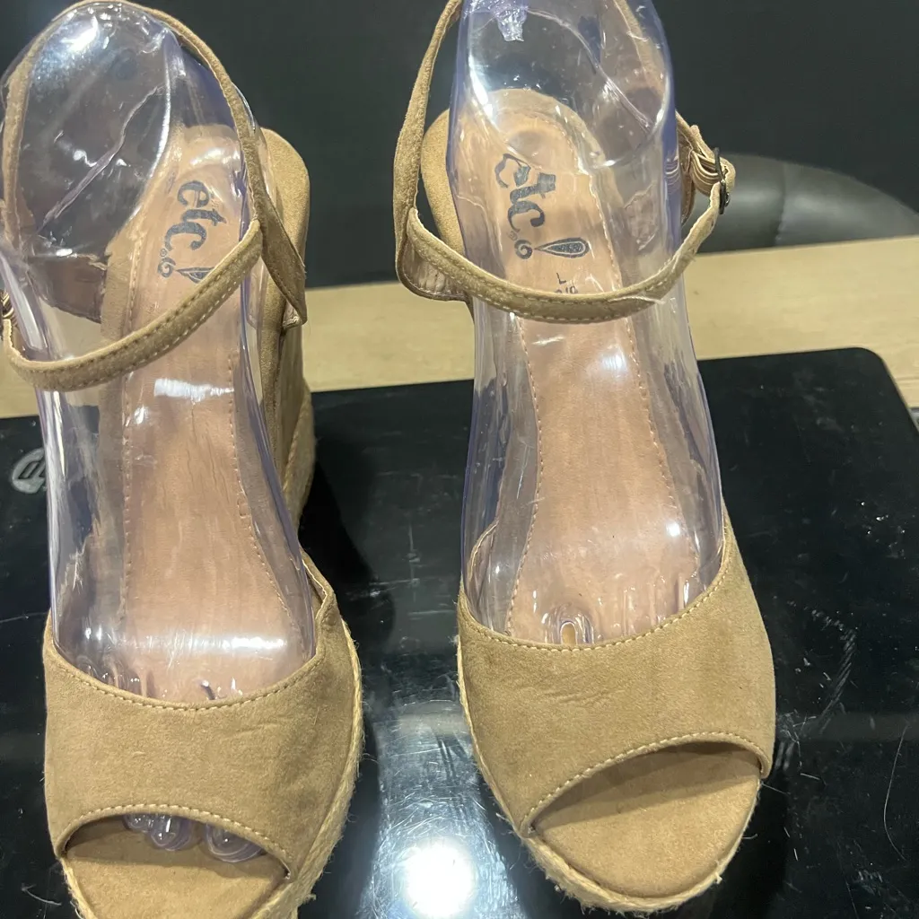 Rue 21 etc! Womens Sz Small 8/9  Brown Bling Open Toe Wedges Heel Ankle Strap - Image 2