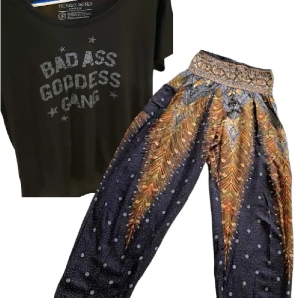 Bohemian Multicolor Women's Harem Pants & Inspirational Tees Bundle - Image 7