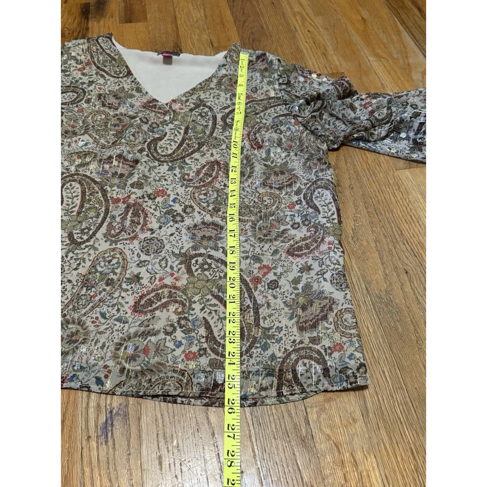Vince Camuto Blouse Top Gold Paisley All Over Print V Neck Long Sleeve Size 1X - Image 11