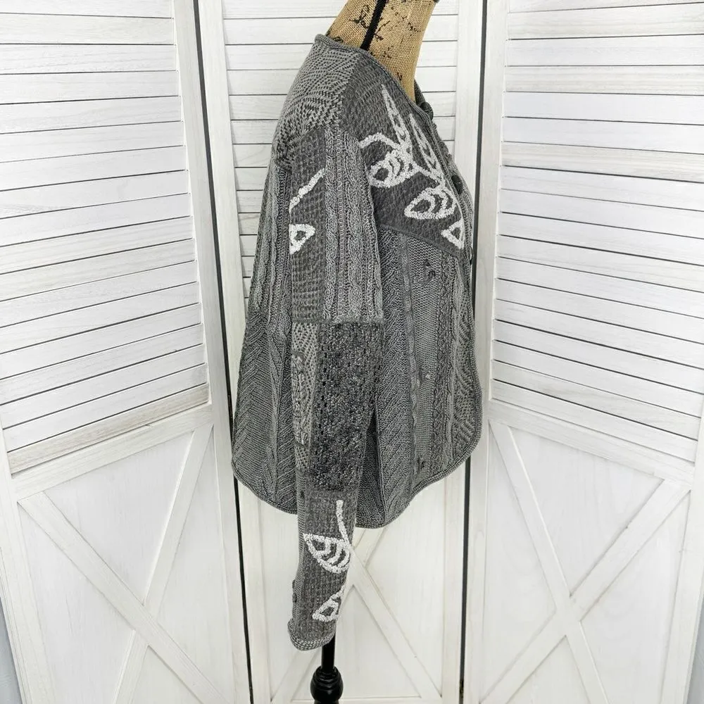 Sandy Starkman Vintage Patchwork Knit Cardigan Sweater Gray Large Cotton - Image 3