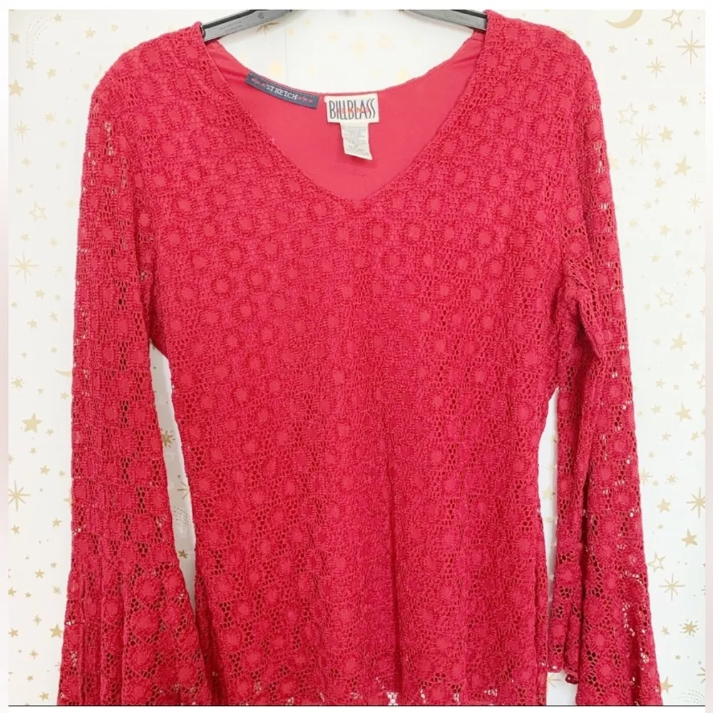 Billblass Vintage Red Lace Flare Sleeve Top - Image 2