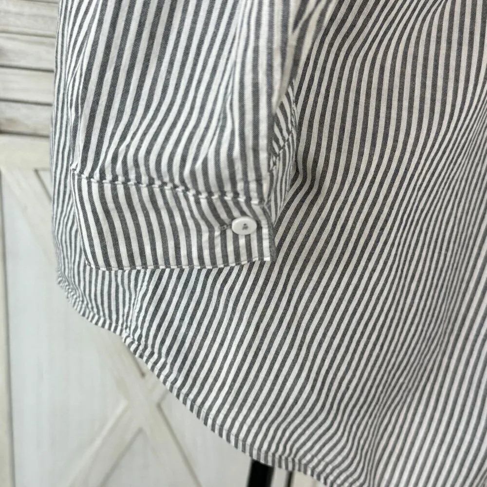 14th & Union‎ Striped Button Back Off The Shoulder Shirt Grey White Medium - Image 6