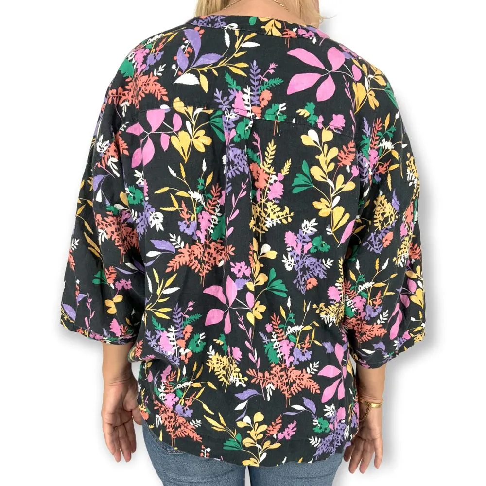Lou & Grey | XS | 100% Linen Floral Pattern 3/4 Puff Sleeve Crop Blouse Top - Image 3