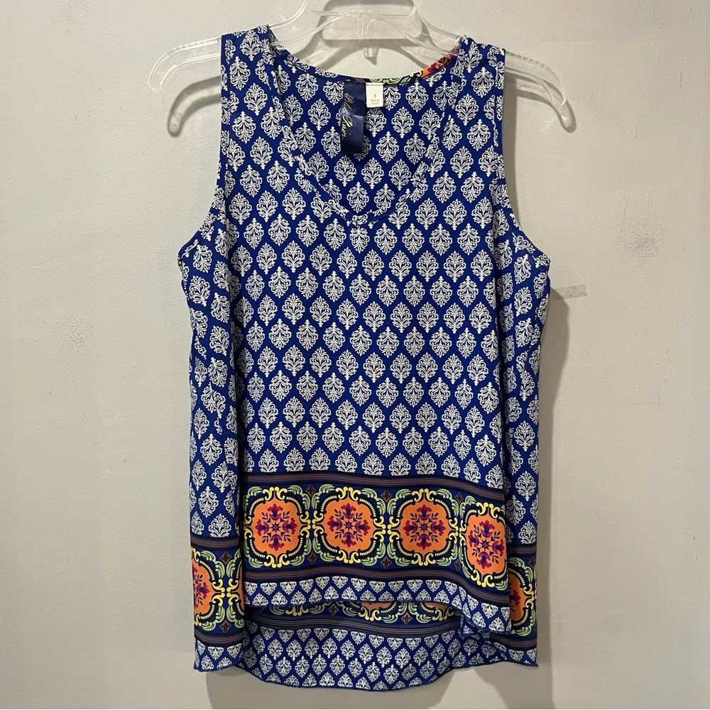 Blue Rain Women Small Blue White Geometric V Neck Sleeveless Tank Polyester Top - Image 2
