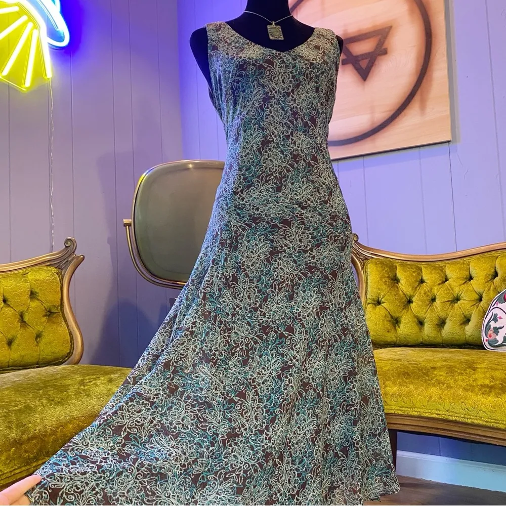 Vintage 90s/Y2K R&M Richards Swirling Floral Fairycore Maxi Dress Size 12P Brown - Image 3