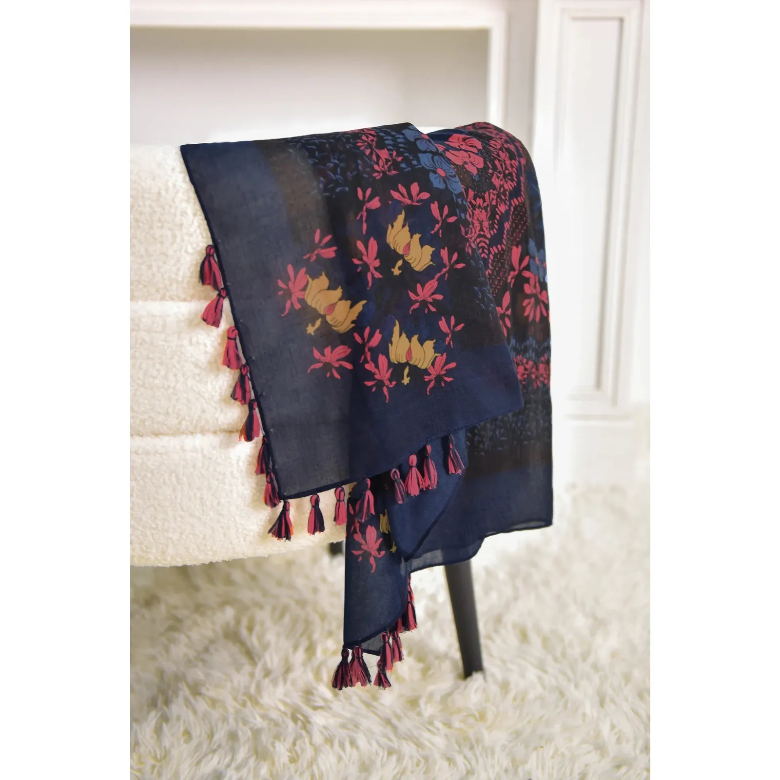 NEW Boho Butterfly Design Tasseled Rectangle Soft Chic Scarf Large Blue Pink - Image 4