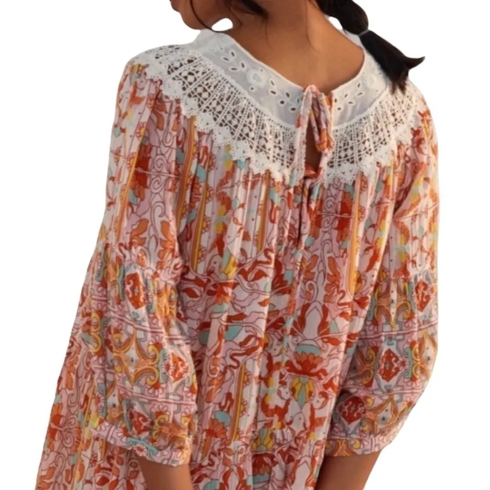 ANTHROPOLOGIE Oversized Floral Tiered Lace Lounge Dress Size XSP (Up To M) - Image 4