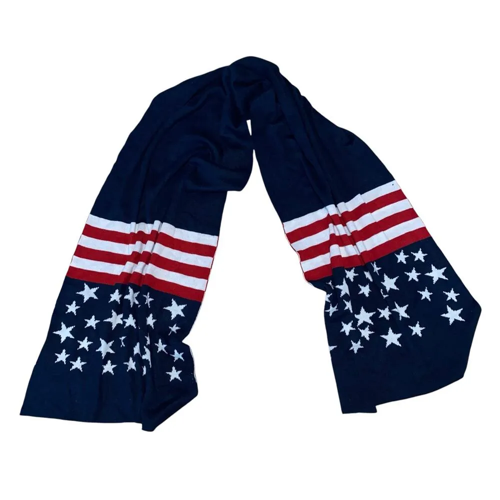 Navy Blue Red White Striped Star Knit American Flag Patriotic Scarf - Image 2