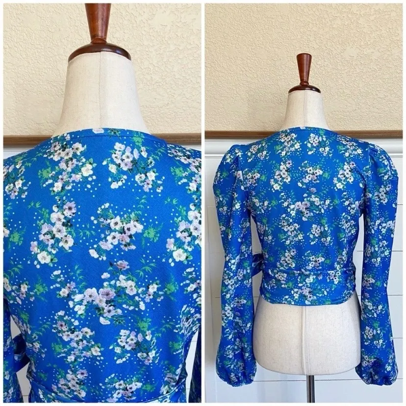 ASOS DESIGN wrap top w/ long volume sleeve in ditsy print blue floral US 2 - Image 12