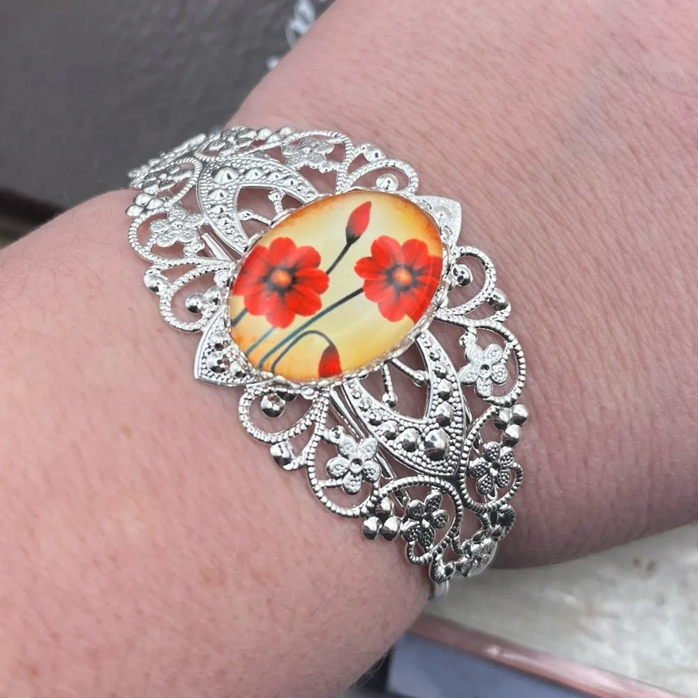 Red Floral Glass Cabochon Silver Filigree Cuff Bracelet - Image 2