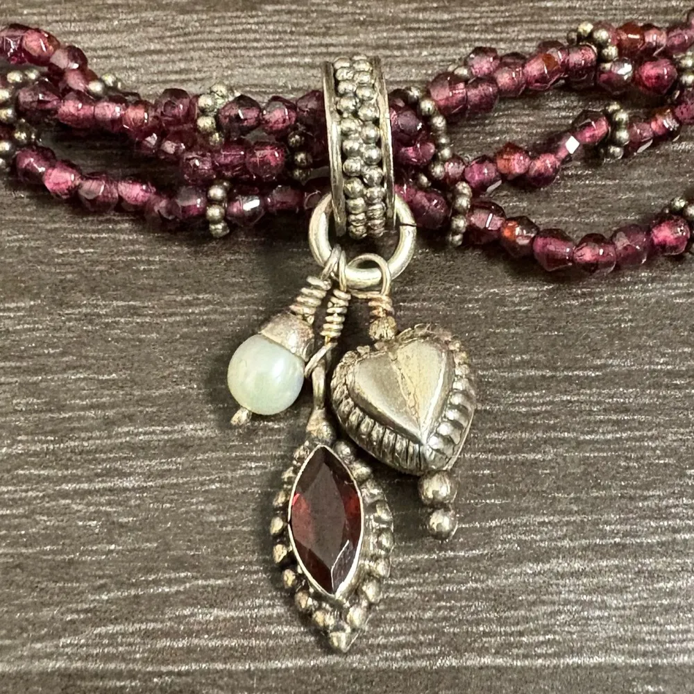 Doug Paulus 925 Sterling Silver Four Strand Garnet Bead Dangling Pearl Bracelet Red - Image 6