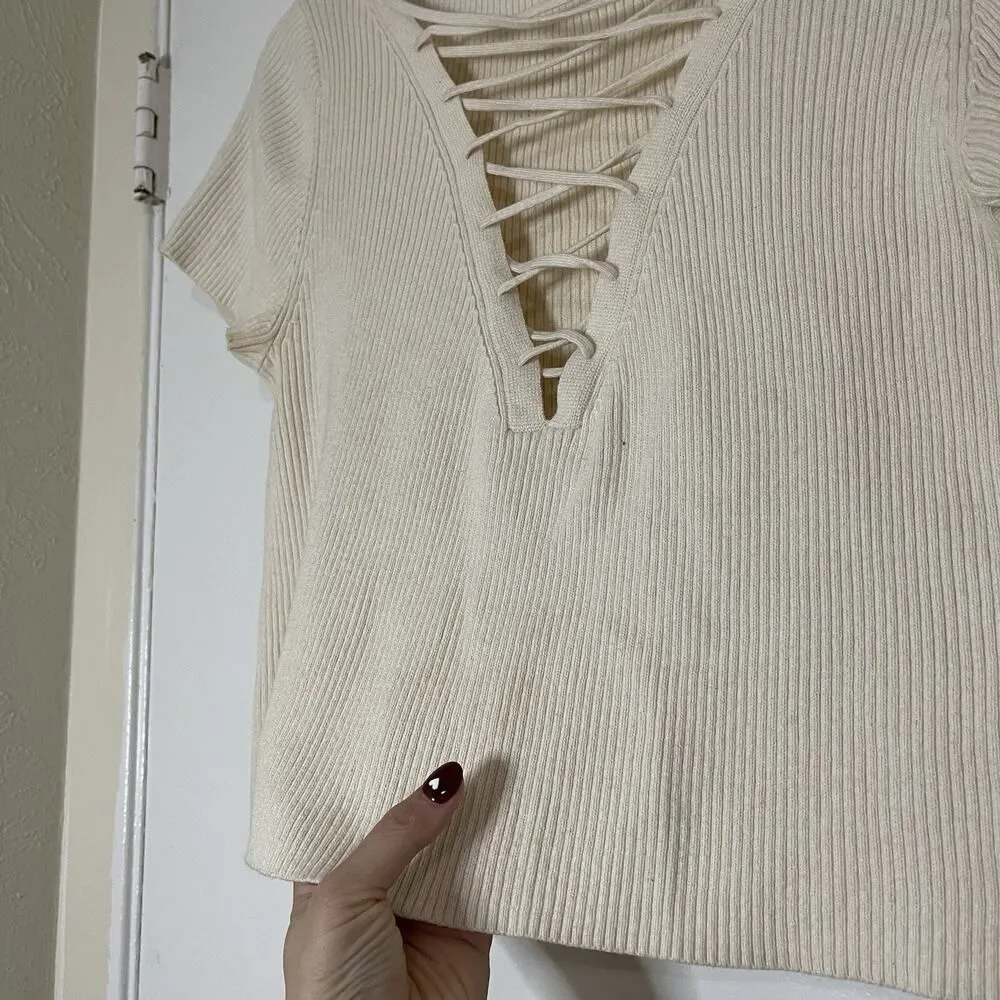 T Alexander Wang Ivory Yellow ribbed cropped lace up knit tshirt size medium - Image 2