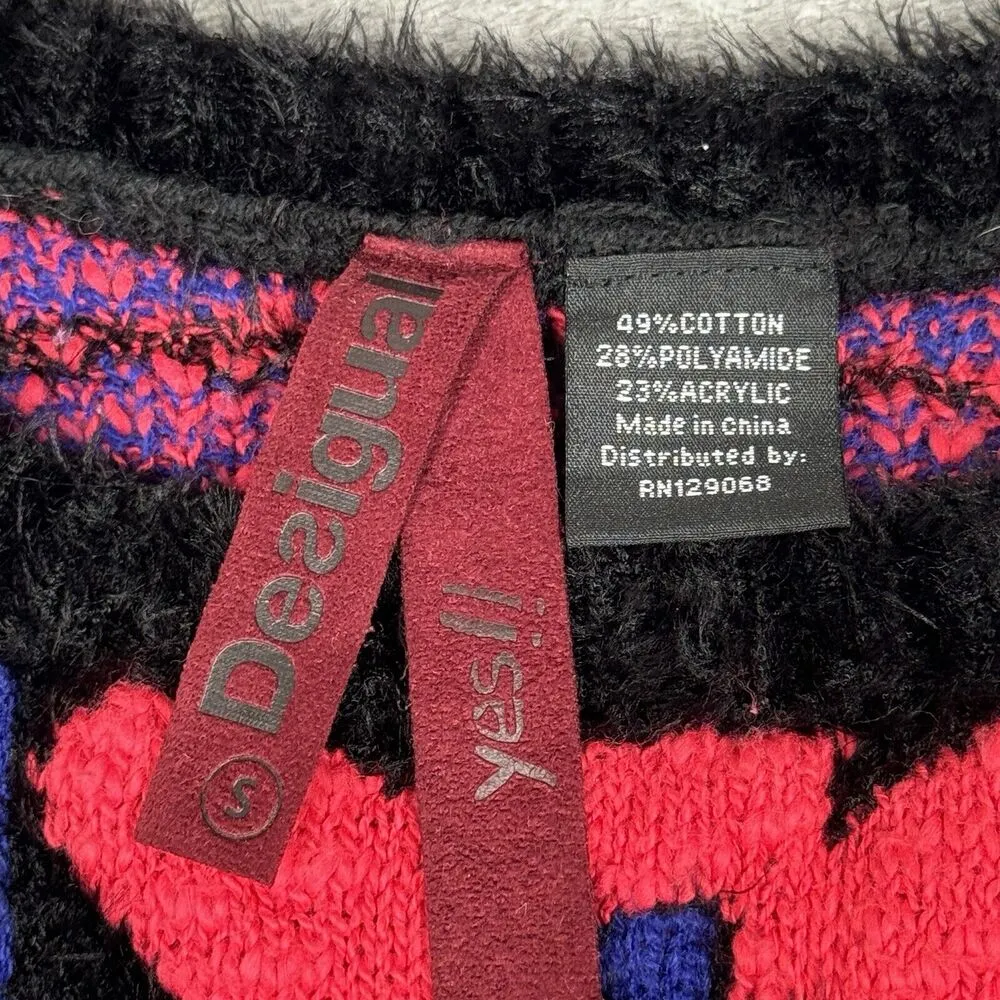 Desigual Sweater Women Small Pink Black Fuzzy Fleur de Lis Casual Colorful Artsy - Image 8