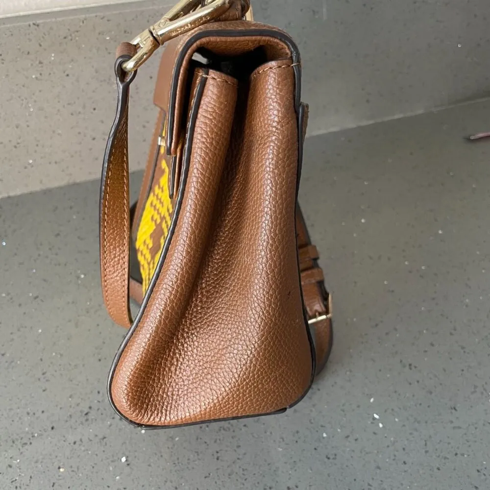 Michael Kors Mini Bag Karson Satchel Woven Brown Yellow Leather crossbody - Image 14