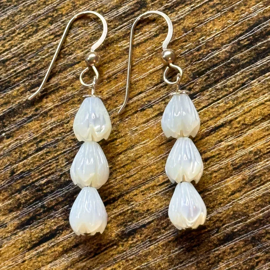 Handmade Mother of Pearl Pikake Flower Beaded Drop Gold Filled Earrings - Image 2