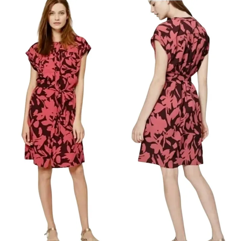 Loft Cap Sleeve Waist Tie Button Up Shirt Dress Floral Pink Women's Size Small - Image 2
