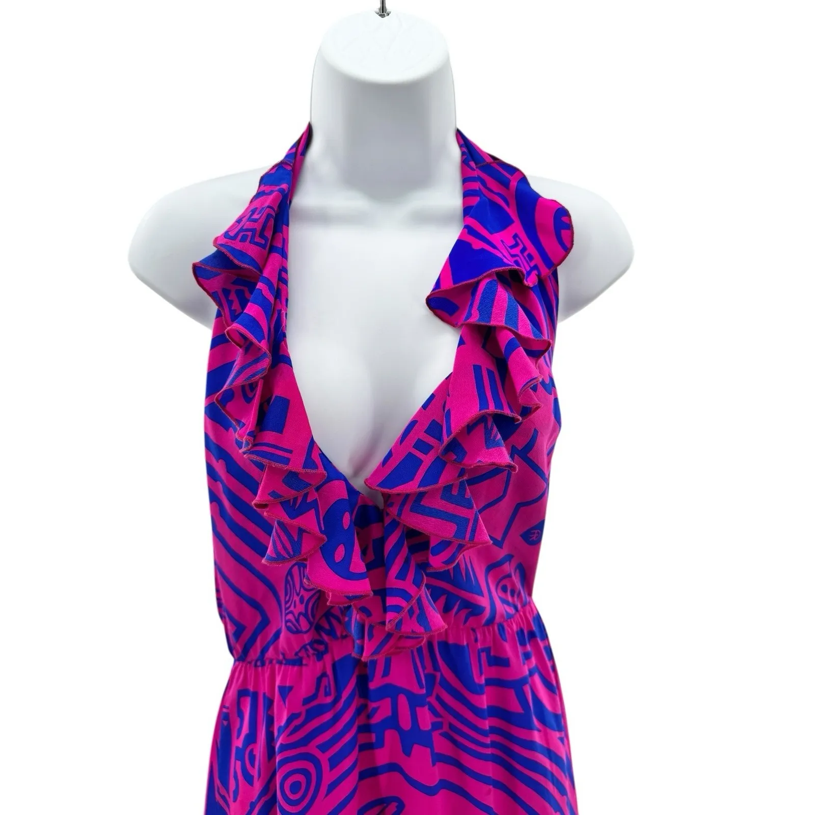 Amanda Uprichard Silk Halter Dress Medium Pink‎ Blue Print Ruffle Trim Summer - Image 2