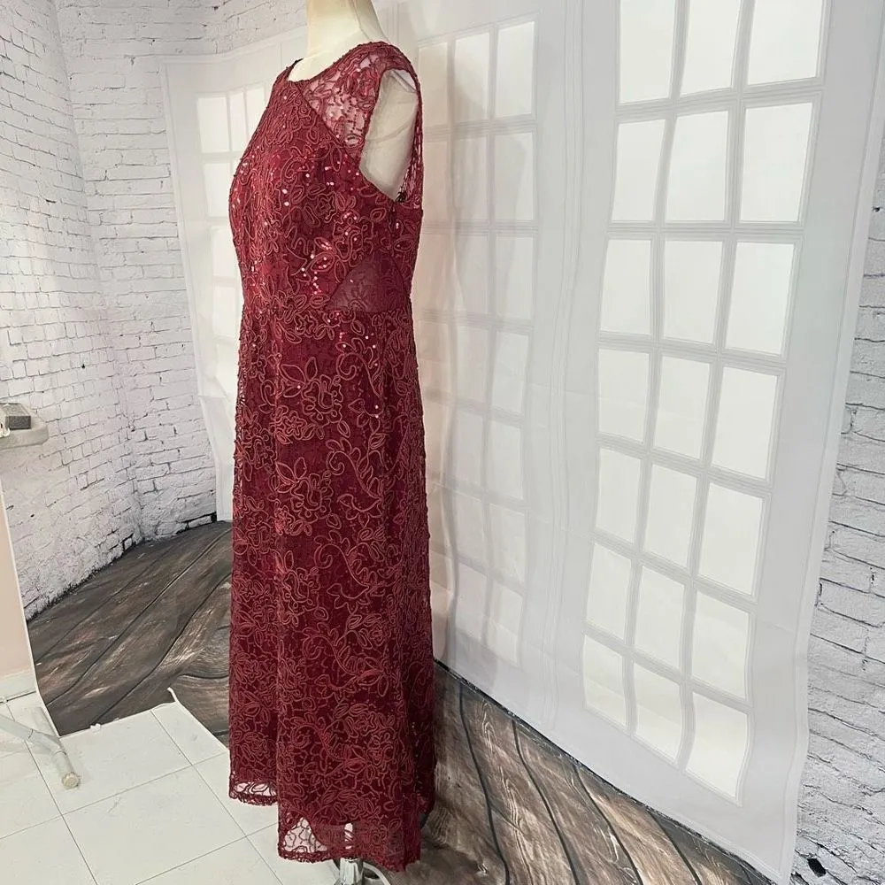 Slny sleeveless maroon red embroidered sequined lace gown size 16 - Image 4