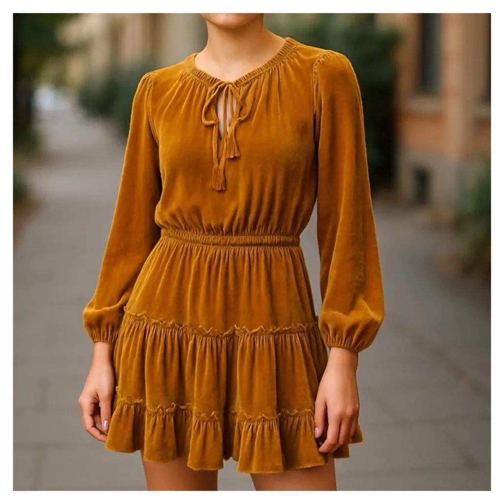 Storia Golden Yellow Velvet Ruffle Boho Tassel Long Sleeve Mini Dress M - Image 9