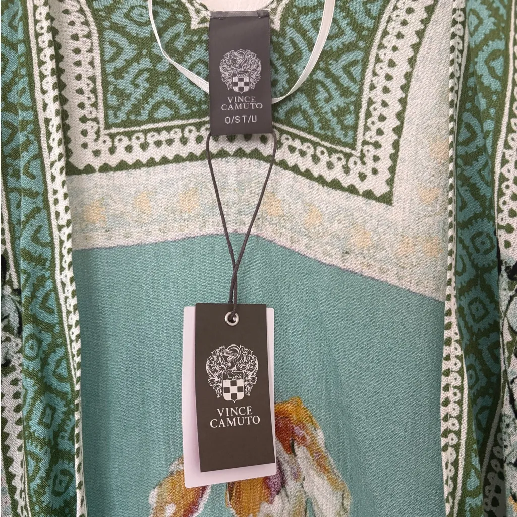 NWT Vince Camuto Tropical Bloom Topper Ruana Blue Floral Tassel Detail Cover Up - Image 4