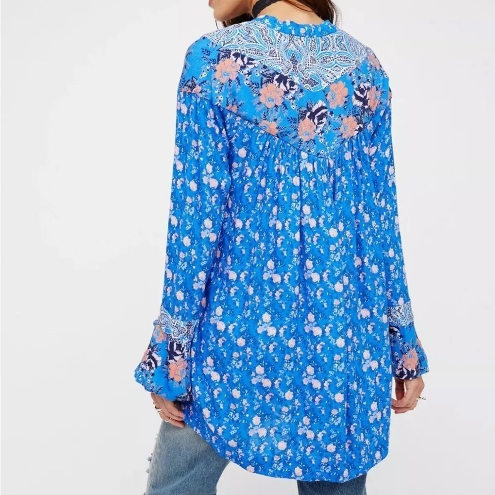 Free People Wildflower Fields Tunic Blue Spring Floral Boho Patchwork Mini Dress - Image 5
