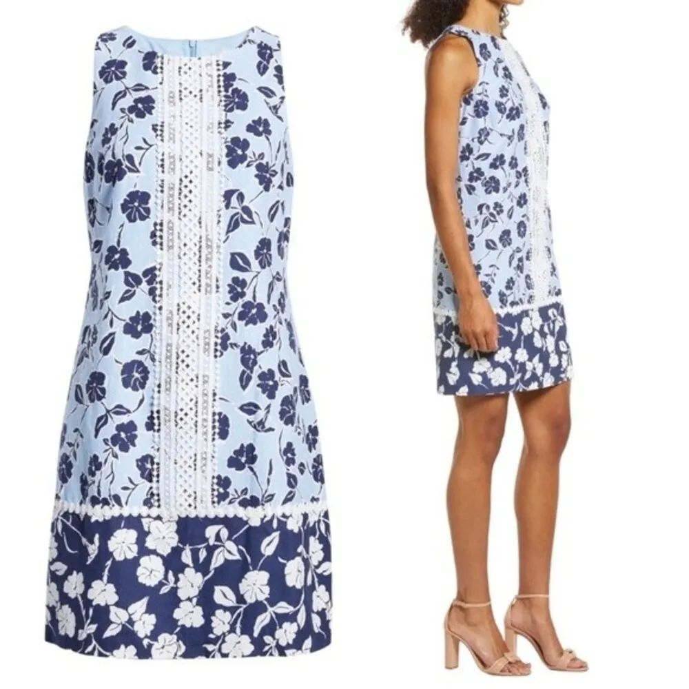 NWT Eliza J Mini Dress Size 4 Lace Trim Floral Blue & White Coastal Shift NEW - Image 5