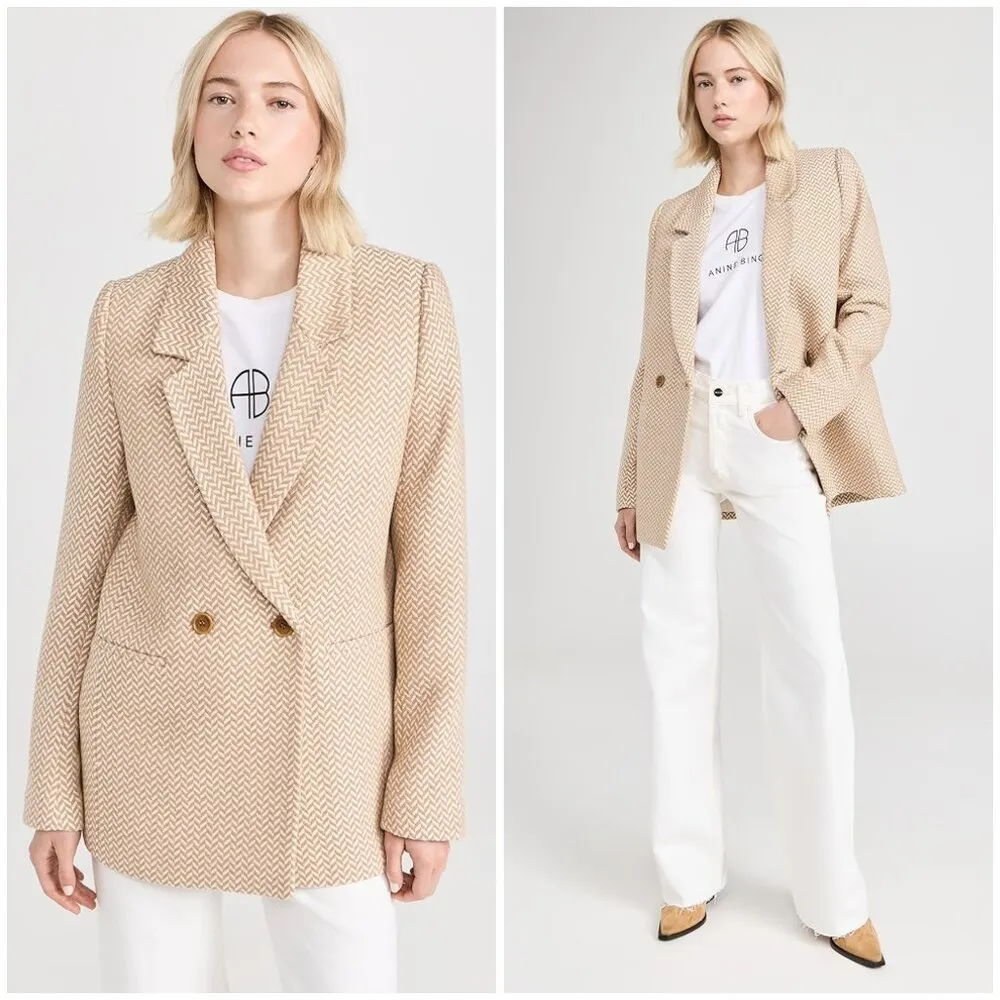 💕ANINE BING💕 Tweed Double Breasted Fishbone Blazer ~ Tan & Cream XL - Image 2