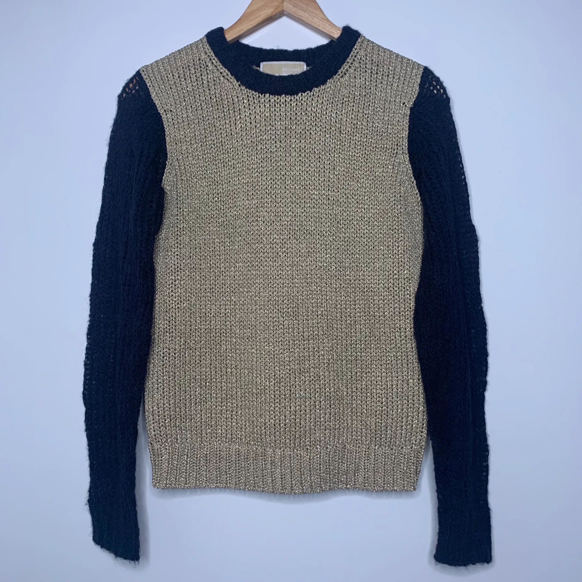 MICHAEL  Gold Metallic Knit Sweater with Alpaca Blend Sleeves Small - Image 2