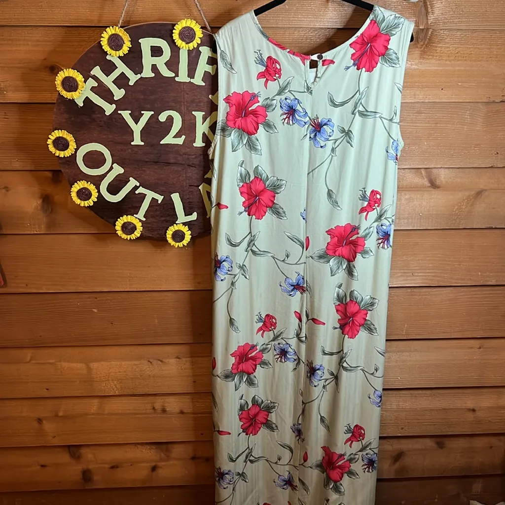 Vintage Caribbean Joe Hawaiian Maxi Floral Dress Sleeveless Green Pink Blue Y2K - Image 2