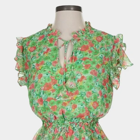 Reset by Jane Joelle Floral Ruffle Mini Dress Green Pink Tie Neck Small - Image 3