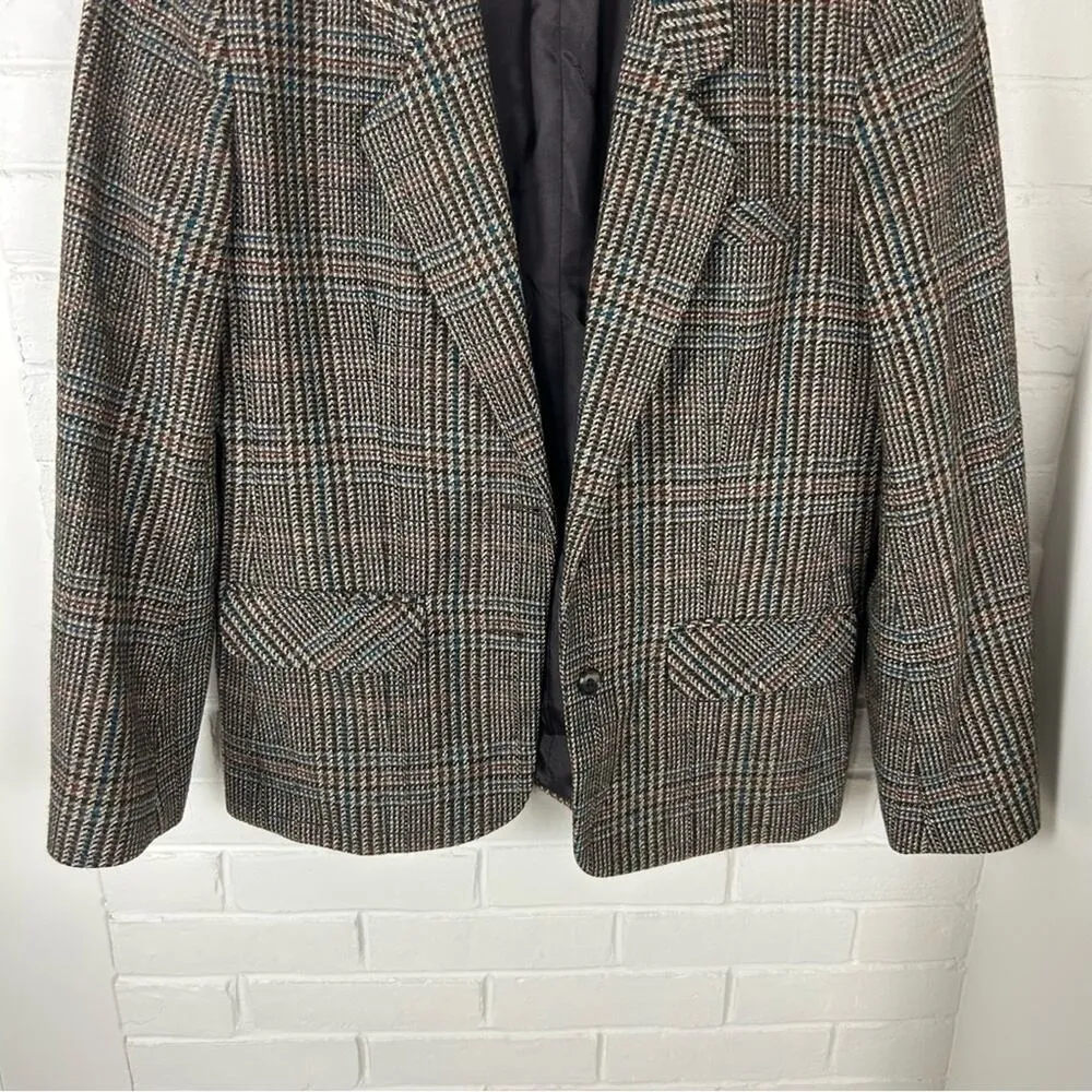 Vintage Barclay Square Tweed Herringbone Wool Blazer Brown Size L - Image 3