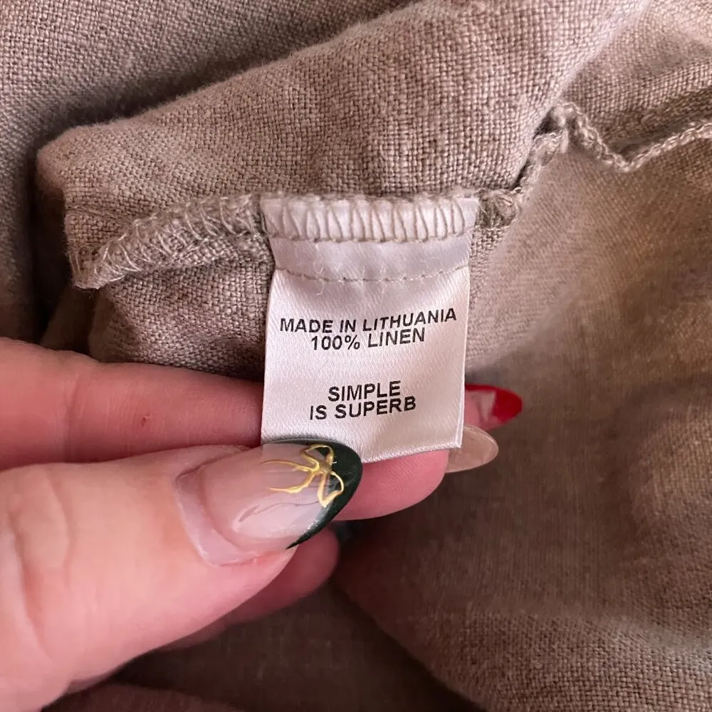 Flax Women M Beige Tan Linen Pants Loose Fit Elastic Waist Pull On Lagenlook - Image 9