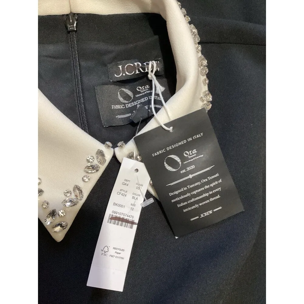 J. Crew Embellished Collared Shift Dress in Stetch Crepe Black White 12 $298 - Image 7