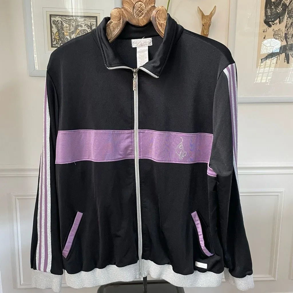 Y2K Baby Phat Track Jacket Bling Cat Black Purple Silver Metallic 3X - Image 2