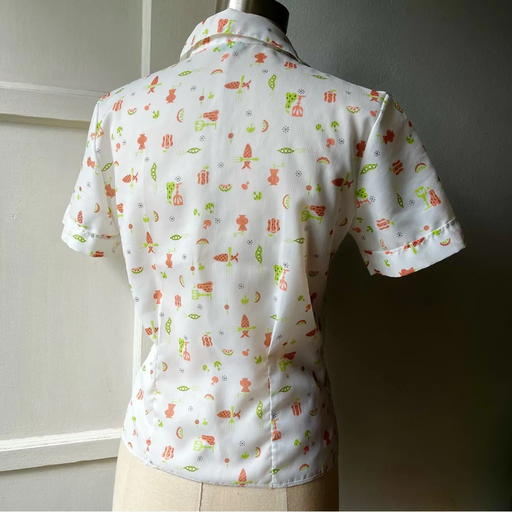 Vintage 60’s BBQ Blouse•Sz S White - Image 3