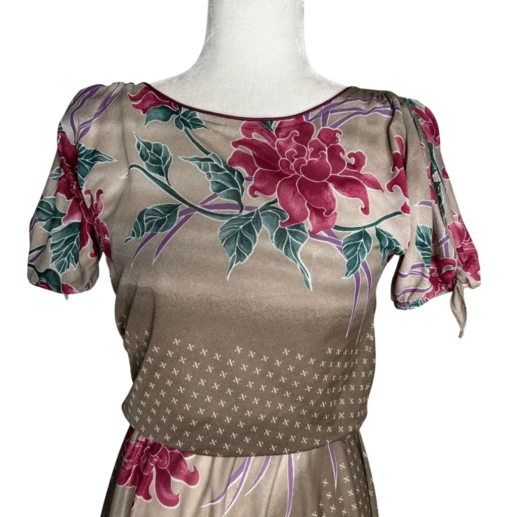 Vintage 80s Floral Short Sleeve Dress Small Slightly Sheer Tie Sleeves Elastic Tan Size undefined - Image 2