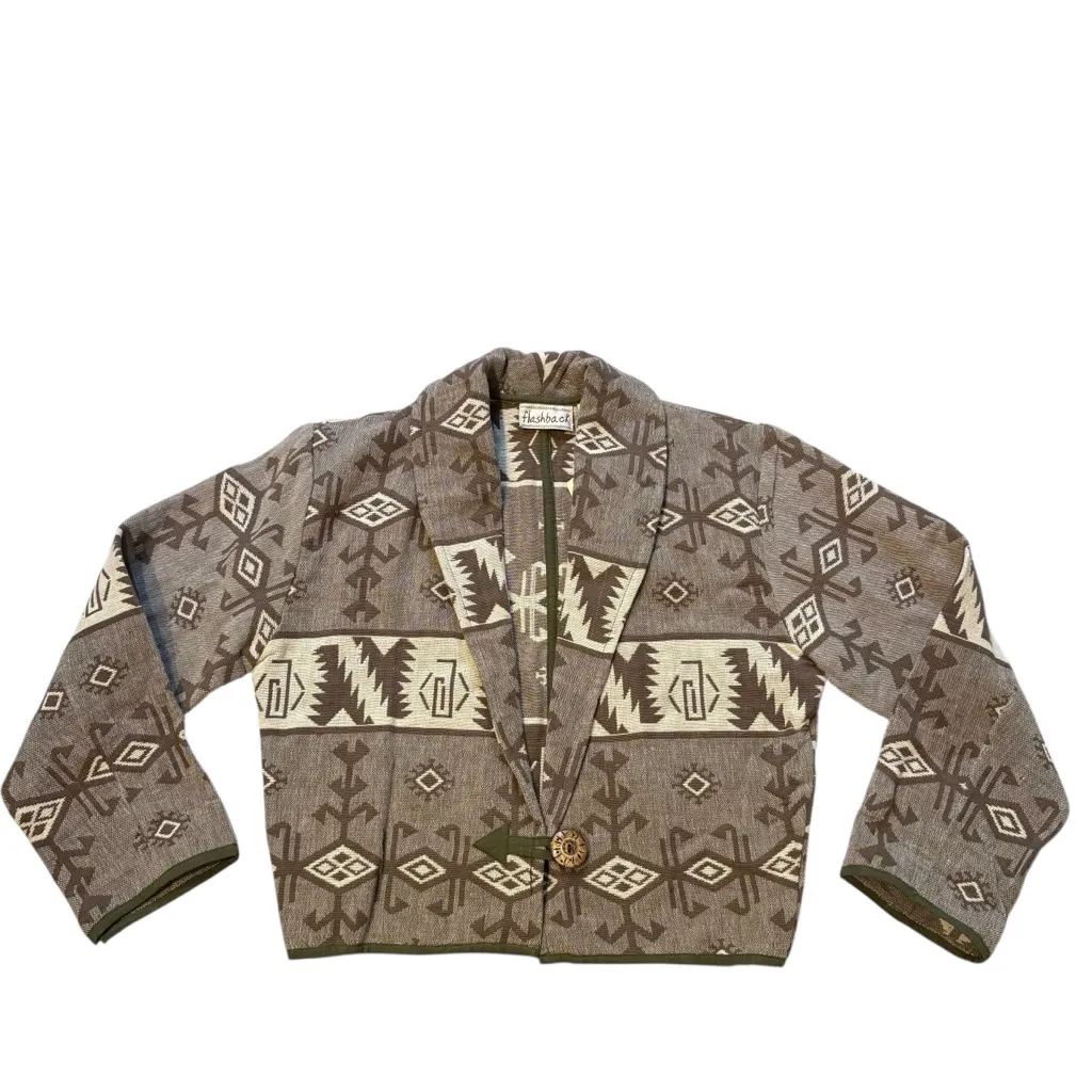 Vintage Flashback Cropped Boho Cotton Jacket Aztec Print, Sz S - Image 8