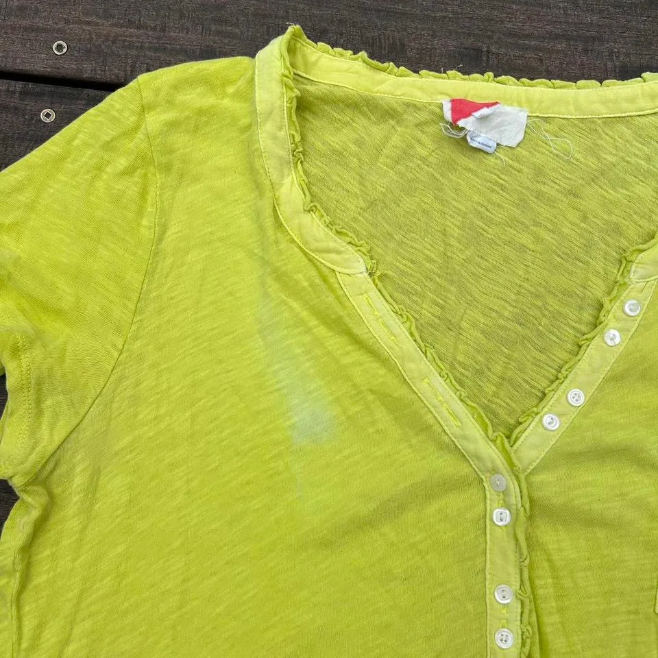 Bright Lime Green/Yellow V-Neck Short Sleeve Anthropologie Shirt w/ Button Neck - Image 3