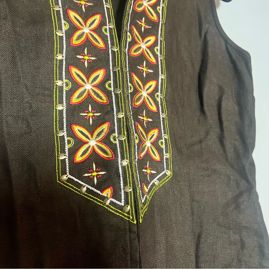 Chico’s Linen Brown Embroidered Sleeveless Top Vest Size 1 Small Medium Fall - Image 3