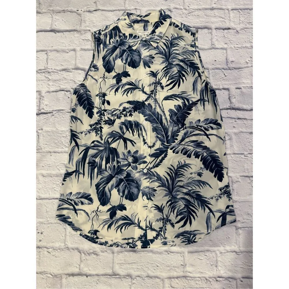 Equipment Slim Signature Printed Silk Sleeveless Blouse in White/Blue Medium - Image 2