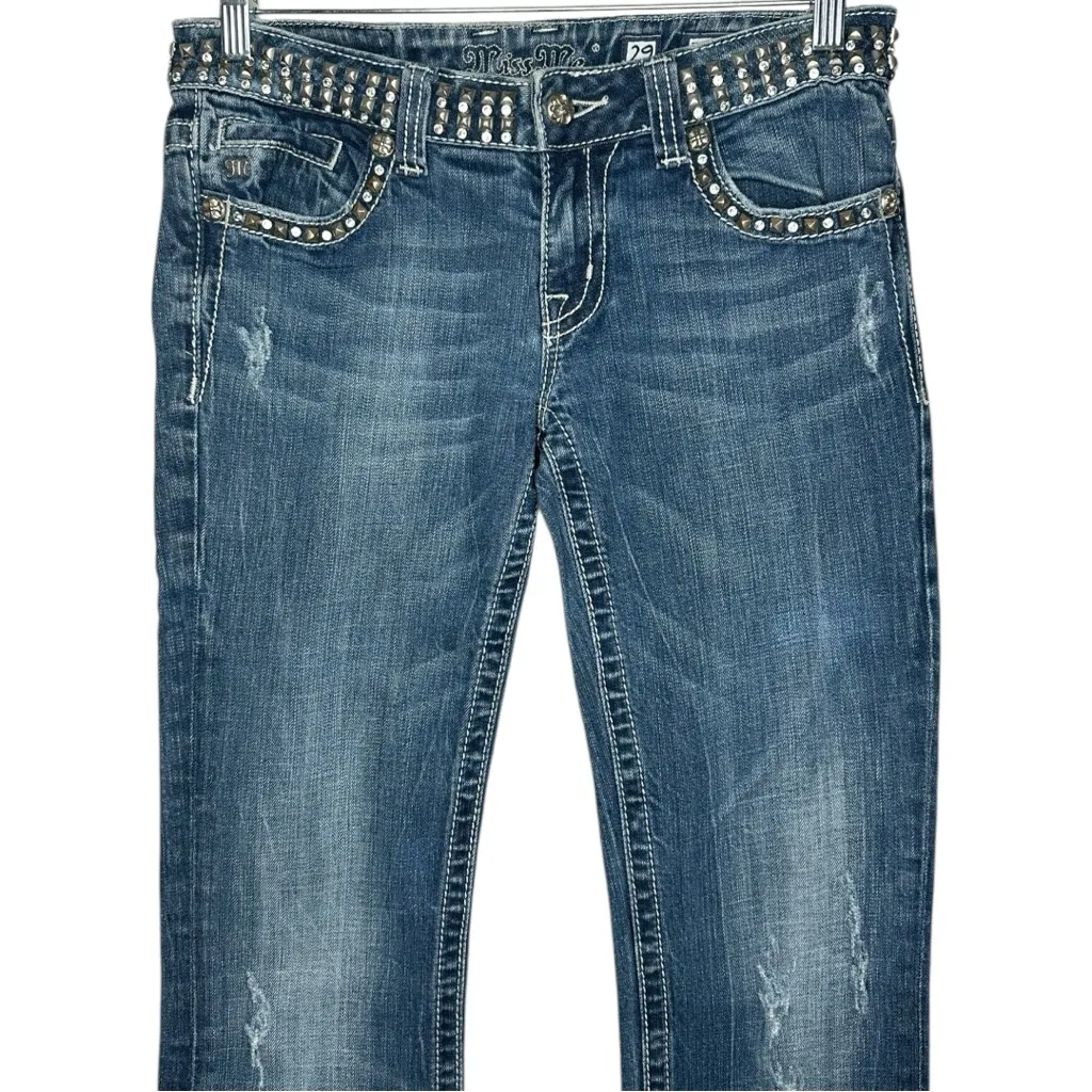 Miss Me Straight Bling Belt Rhinestone Studded Distressed Jeans Size 29 - Image 3