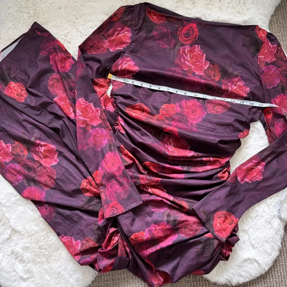 House of CB Ruched Georgette Longsleeve Maxi Dress L - Rose Floral - Image 4