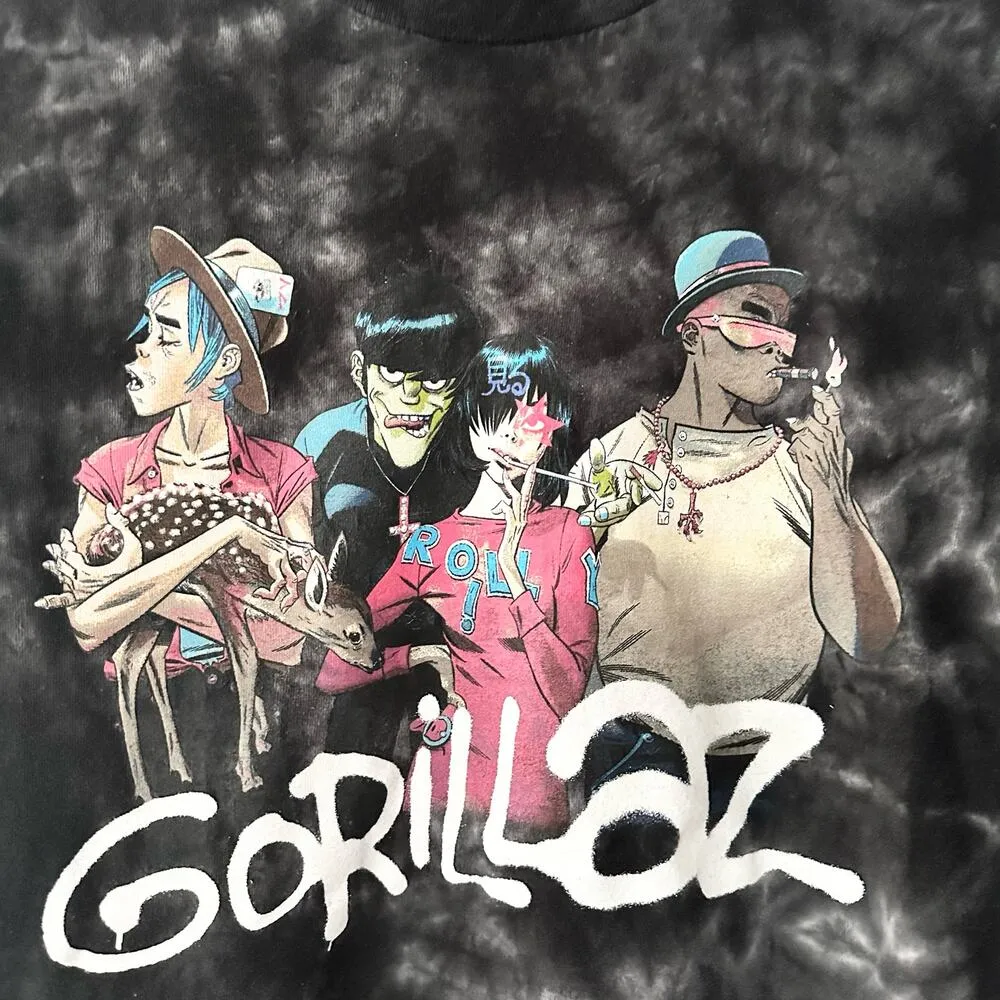 Gorillaz Black Tie Dye Graphic Band Tee Small Gildan Y2K White Stitch - Image 7