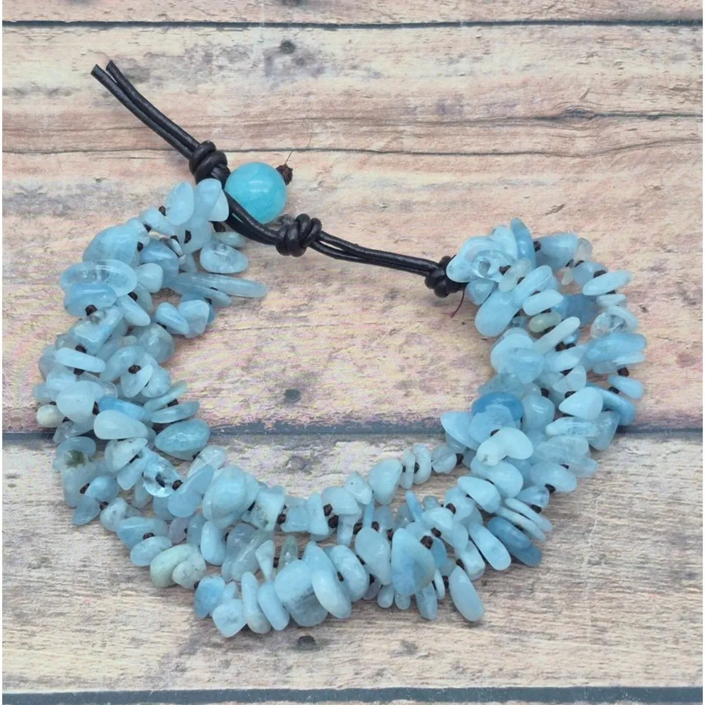 Muti Strand Natural Blue Aquamarine Chip Stone Bracelet Boho Hippie Nature Lover - Image 7