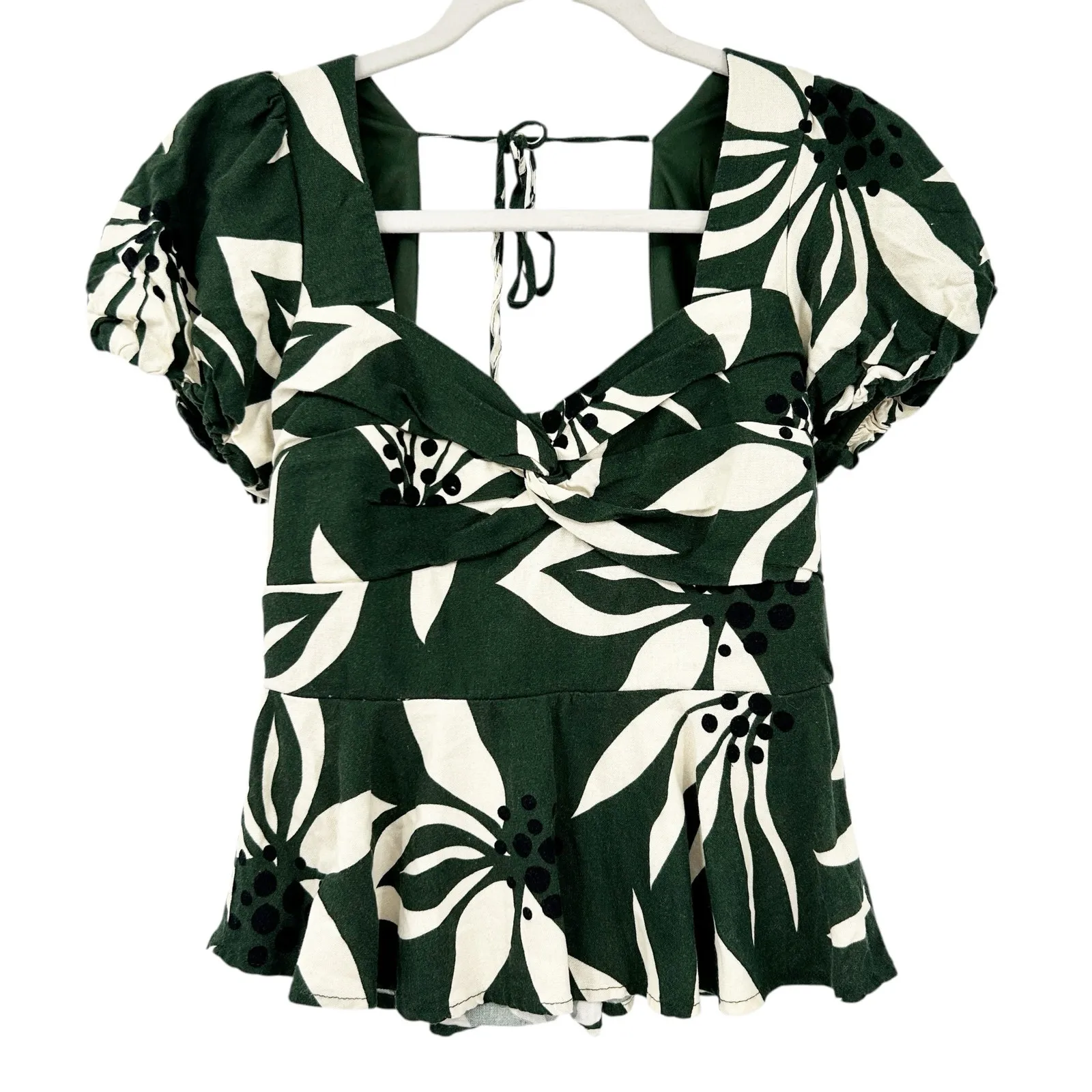 Francescas Mi Ami Nina Linen Blend Twist Front Tropical Floral Peplum‎ Blouse M Green Size M - Image 3