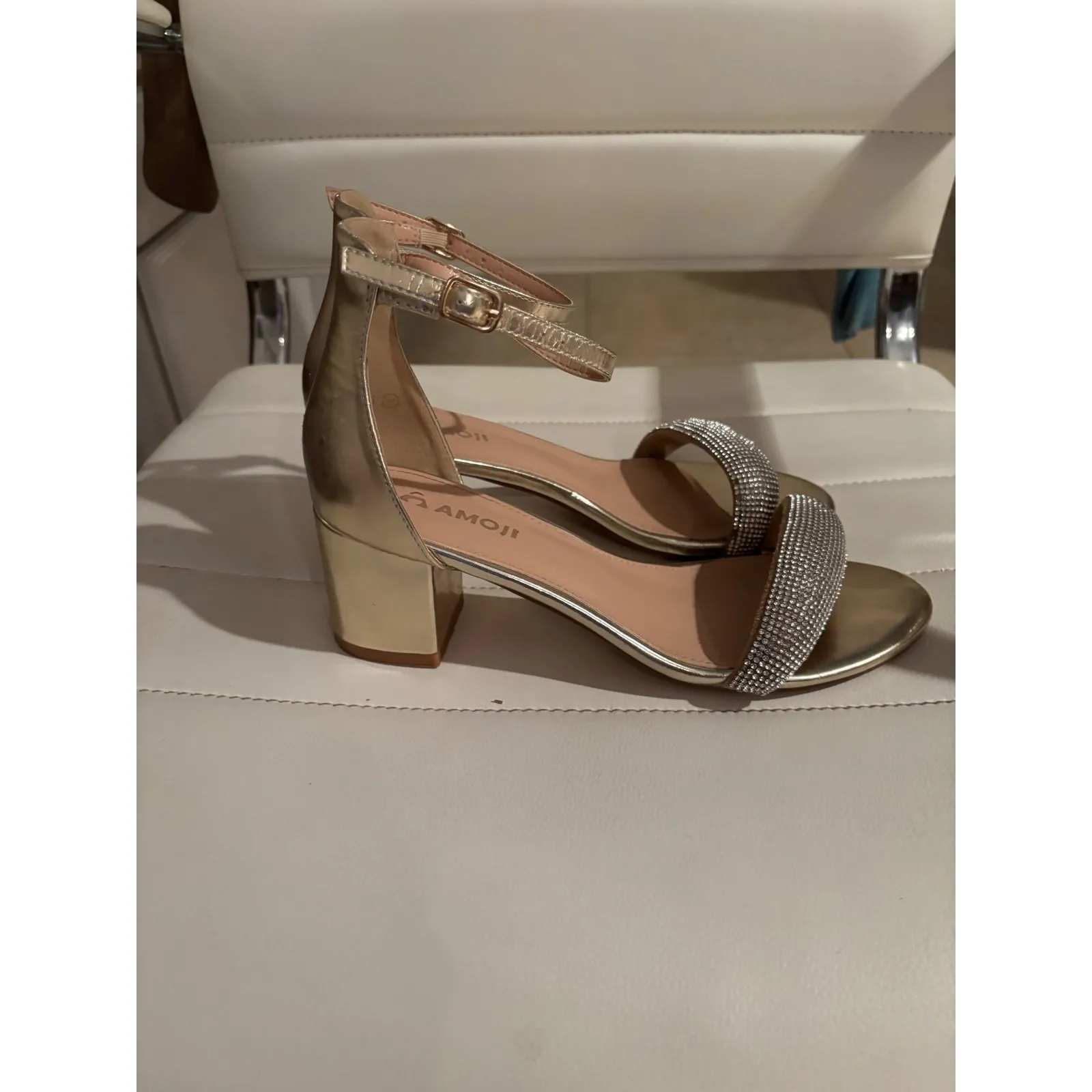 Amoji Womens Gold Rhinestone Block Heel Ankle Strap Sandals Size 37 US 6.5 - Image 3