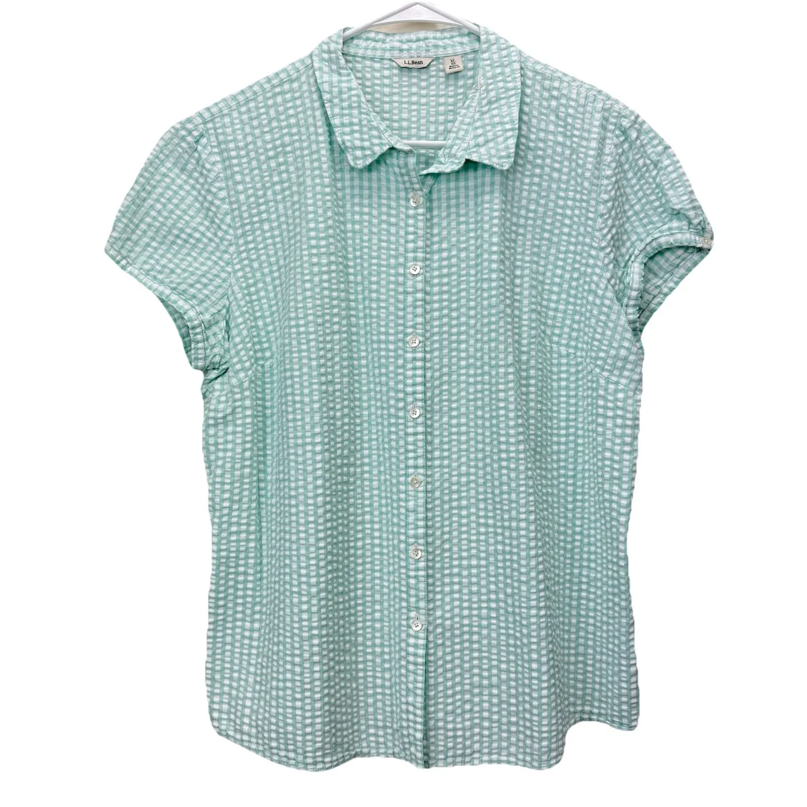 LL Bean Aqua Blue Seersucker Button Up Cap Sleeve Shirt Size XL - Image 2